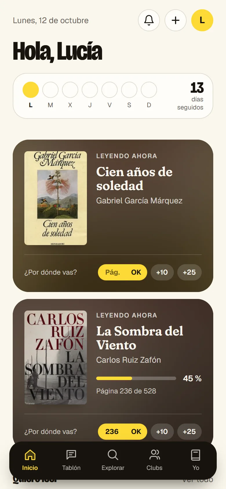 Pantalla de inicio de Lulee con la racha y los libros que estás leyendo